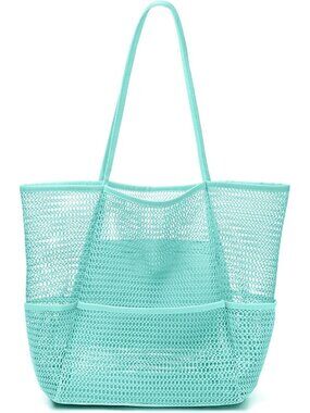 Women's Blue Mesh Beach Tote Bag Large Foldable Swimming Bag with Pockets
